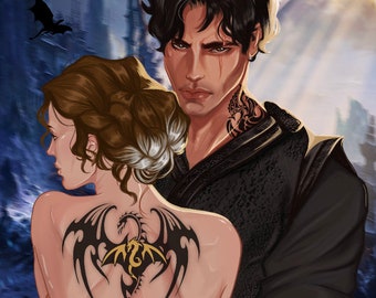 May include: A couple with dark hair and tattoos, embracing in front of a dark, stormy sky. The woman has a dragon tattoo on her back, and the man has a tattoo on his neck. There are silhouettes of bats flying in the background.