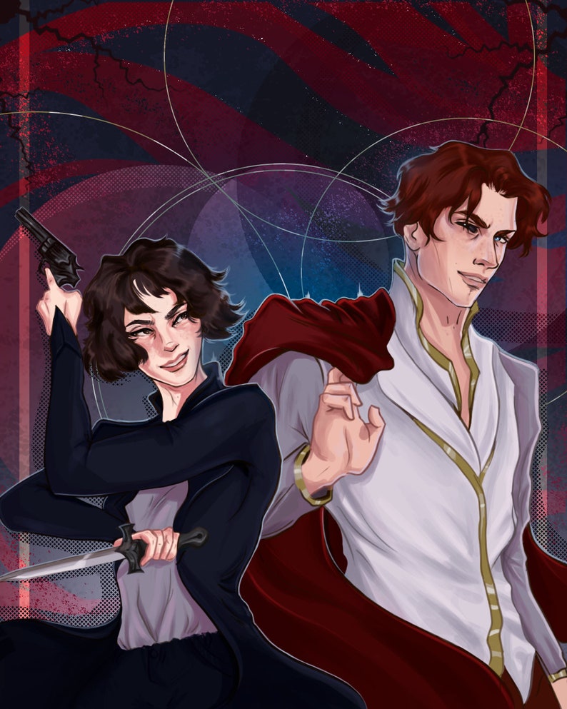 May include: A woman in a black jacket holds a gun in one hand and a dagger in the other. A man in a white shirt with a red cape stands beside her. The background is a dark blue with red and white circles.