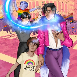 May include: A family of three walking down a street during a pride parade. The child is wearing a white t-shirt with a rainbow and the text "I love my dads". The two adults are holding hands with the child. One adult is wearing a pink jacket with a blue fur collar and purple pants. The other adult is wearing a black shirt and black pants.