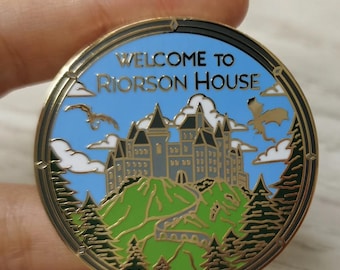 Welcome to House Riorson Enamel Pin 1.75 inches Gold Plating Double Post Fourth Wing Iron Flame Onyx Storm Bookish Merch Gifts For Readers