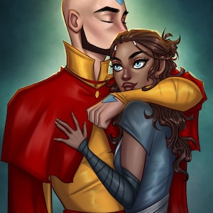 May include: A digital illustration of a man and a woman embracing. The man is bald with a blue and white symbol on his forehead. He is wearing a red and gold robe. The woman has long brown hair and is wearing a blue and white outfit. The background is a dark blue.
