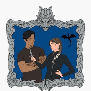 May include: A framed illustration of a man and a woman standing in front of a blue background. The man is holding a knife and the woman has her hand on her hip. A dragon is in the upper right corner of the frame.
