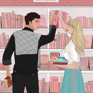 May include: A man and a woman are standing in a bookstore, reaching for books on a shelf labeled "Romance". The woman is holding a book with a colorful cover, and the man is holding a book with a red cover. The shelves are filled with books of various colors.