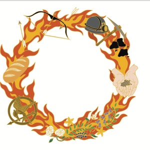 May include: A gold-colored pin with a wreath of flames surrounding various symbols, including a loaf of bread, a bird in a circle, a miner's helmet, a pickaxe, and a hand holding seeds.