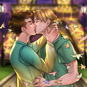 May include: Two people are kissing in front of the Eiffel Tower. They are both wearing casual clothing and are surrounded by colorful confetti.