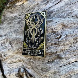 Serpent and Dove Quote Enamel Pin Black and Gold Love Fools
