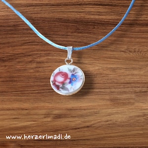 Porcelain pendant 925 silver 16 mm rose and forget-me-not pink blue