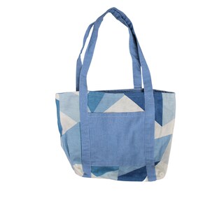 Blaue geometrische Einkaufstasche, Leinentasche, moderne Geldbörse, Refugee Made Handtasche, Strandtasche, Pooltasche