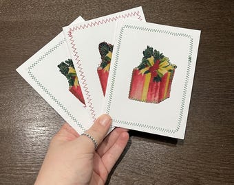 3 set of Christmas Handmade Greeting Cards with envelopes - Present Theme - Refugee Made