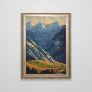 Schweizer Alpen Berglandschaft Kreuzstichmuster | Vintage Natur Kreuzstichvorlage | Großes Kreuzstich PDF