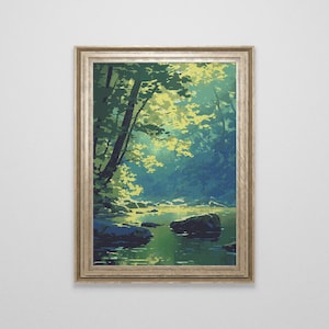 May include: A framed painting depicting a forest scene with a river flowing through it. The trees are green and the water is blue. There are rocks in the river.