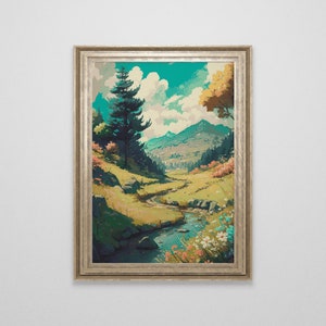 Bergwiese Kreuzstichmuster | Anime Landschaft Kreuzstichvorlage | Natur Kreuzstich | Großer moderner Kreuzstich
