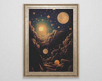 Schema punto croce Luna e stelle celesti / Schema punto croce galassia vintage da scaricare / Schema punto croce contato grande spazio PDF
