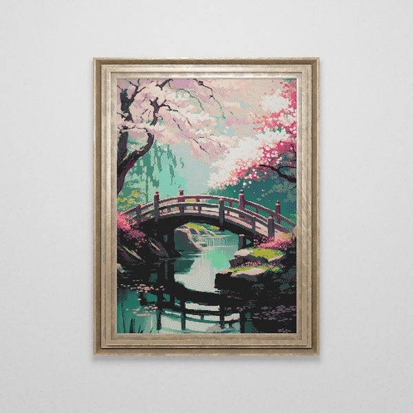 Japanese Garden Cross Stitch Pattern | Japan Landscape Cross Stitch Chart | Asian Landscape Cross Stitch Art | Large Cross Stitch