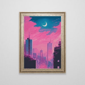 May include: A pixelated cityscape with tall buildings and a crescent moon in a pink and blue sky. The buildings are silhouetted against the sky, and there are trees and other details in the foreground.