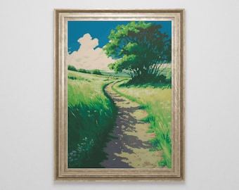 Ghibli inspired Meadow Cross Stitch Pattern | Landscape Cross Stitch Chart Download | Nature Cross Stitch | Anime Cross Stitch PDF