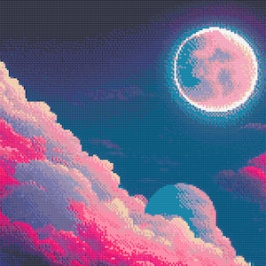 Pu&ograve; includere: Un'immagine pixelata di una luna crescente con un bagliore rosa, su uno sfondo di cielo blu scuro con nuvole rosa e viola.