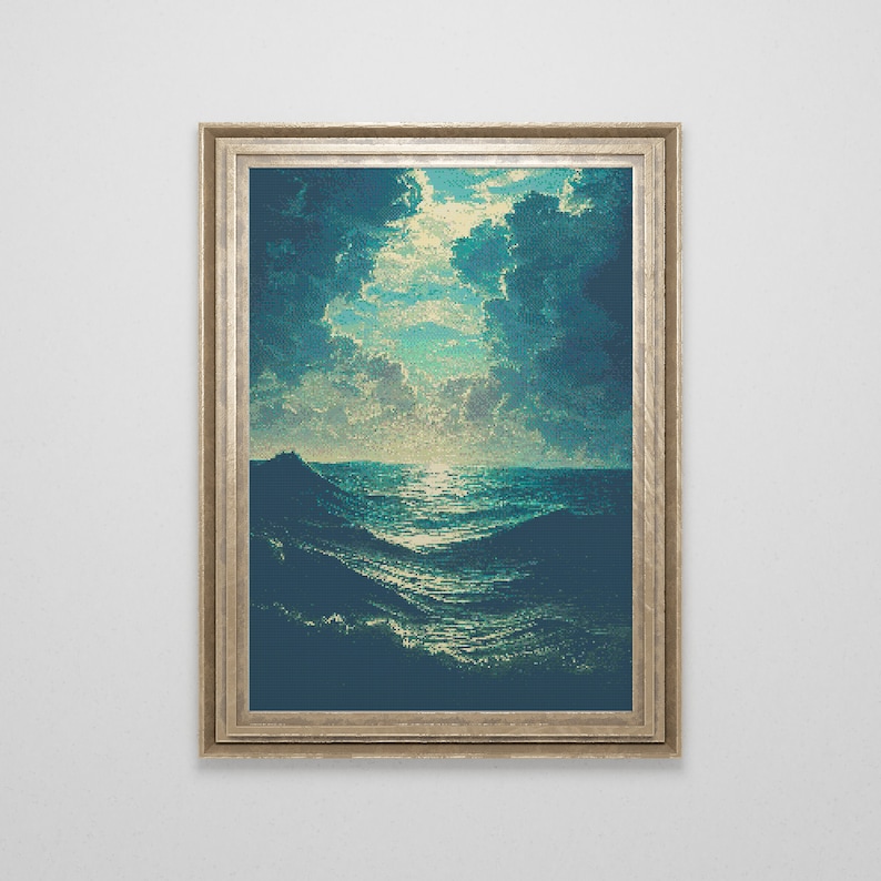 May include: A framed painting depicting a seascape with dark blue clouds and a light blue ocean. The sun is setting over the horizon, casting a golden glow on the water.