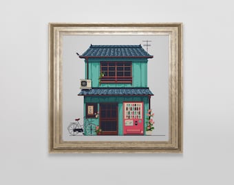 Japanese House Cross Stitch Pattern | Kawaii Anime Manga Cross Stitch | Japan Landscape Cross Stitch Chart