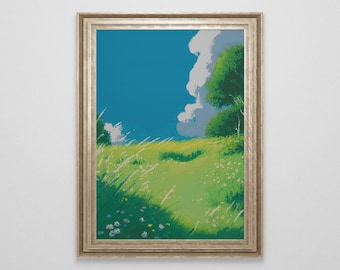 Ghibli inspired Meadow Cross Stitch Pattern | Landscape Cross Stitch Chart Download | Nature Cross Stitch | Anime Cross Stitch PDF