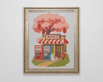 Japanese Sakura Shop Cross Stitch Pattern | Kawaii Anime Manga Cross Stitch | Japan Landscape Cross Stitch Chart