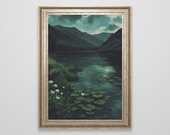 May include: A framed painting of a lake surrounded by mountains and trees. The lake is a deep green color and there are white water lilies floating on the surface. The mountains are a dark green color and the trees are a lighter green color.