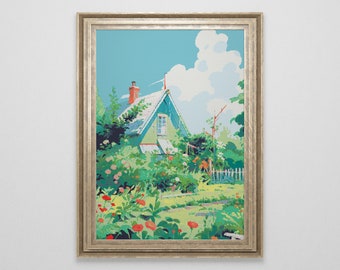 Ghibli inspired Garden Cottage Cross Stitch Pattern | Landscape Cross Stitch Chart Download | Nature Cottagecore | Crossstitch PDF