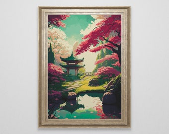 Japanese Garden Cross Stitch Pattern | Japan Landscape Cross Stitch Chart | Asian Landscape Cross Stitch Art | Large Cross Stitch