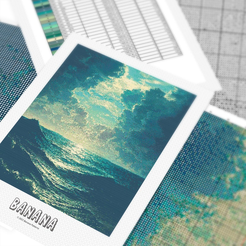 May include: A close-up of a seascape painting depicting a stormy sky and choppy waves. The painting is framed and features the text "BANANA" in the bottom left corner.