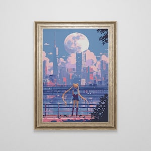 Sailor Moon inspired Tokyo Cross Stitch Pattern | 90s Anime Japan Cross Stitch Chart Download | Aesthetic Cross Stitch | Cross Stitch PDF
