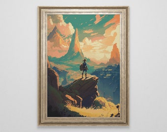 May include: A framed digital art print of a video game character standing on a cliff overlooking a mountainous landscape. The character is wearing a blue tunic and brown pants, and is holding a sword. The landscape is a mix of green, brown, and blue, with a bright orange sky in the background.