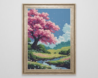 May include: Framed pixel art print of a serene landscape featuring a large cherry blossom tree with pink flowers. A stream flows through a green meadow under a blue sky with fluffy clouds. The artwork is in a gold frame.