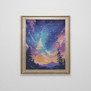 Night Sky over Trees Cross Stitch Pattern | Landscape Large Counted Cross Stitch Chart Download | Fantasy Cross Stitch Patterns