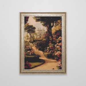 Viktorianischer Rosengarten Kreuzstichmuster | Vintage botanische Kreuzstichvorlage | Landschaft Kreuzstich Kunst | Einzigartiger Kreuzstich