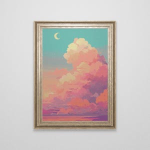 Peut inclure: Une impression d'art numérique encadrée représentant un ciel de coucher de soleil rose et violet avec un croissant de lune. Le ciel est rempli de nuages moelleux et les couleurs sont douces et rêveuses.