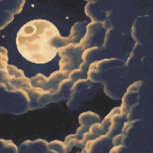 Peut inclure: Image pix&eacute;lis&eacute;e d'un ciel nocturne avec une pleine lune et des nuages. La lune est jaune p&acirc;le avec des crat&egrave;res, et les nuages sont un m&eacute;lange de bleu et de beige. L'ensemble cr&eacute;e une ambiance onirique et nostalgique.