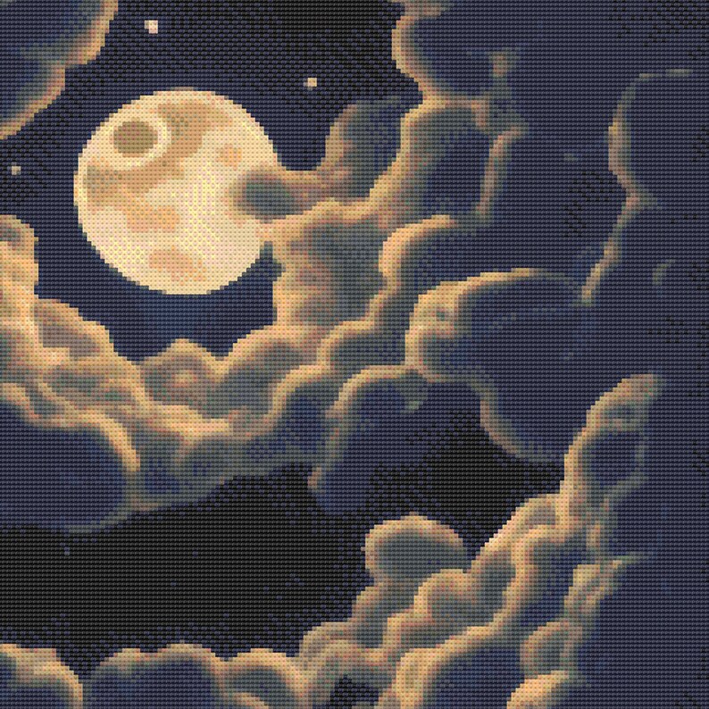 Peut inclure: Image pix&eacute;lis&eacute;e d'un ciel nocturne avec une pleine lune et des nuages. La lune est jaune p&acirc;le avec des crat&egrave;res, et les nuages sont un m&eacute;lange de bleu et de beige. L'ensemble cr&eacute;e une ambiance onirique et nostalgique.