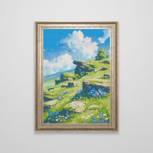 Ghibli inspirierte Frühlingsblumen auf Berg Kreuzstichmuster | Landschaft Kreuzstichvorlage | Natur Kreuzstich