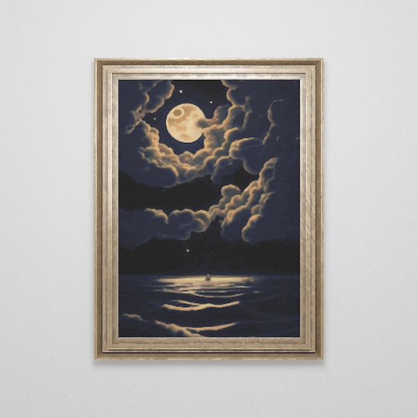 Moon and Stars over Ocean Cross Stitch Pattern | Night Sky Cross Stitch Chart Download | Large Sea Counted Cross Stitch PDF
