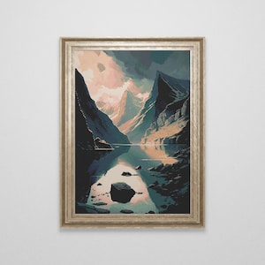 May include: A framed art print depicting a mountain lake landscape. The image uses a pixelated style, with dark blue mountains, a reflective lake, and a gold-coloured frame. The sky displays pink and blue tones.