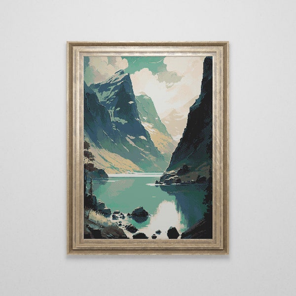 Norway Fjord Cross Stitch Pattern | Scandinavian Landscape Cross Stitch Chart Download | Nordic Nature Cross Stitch | Modern Cross Stitch