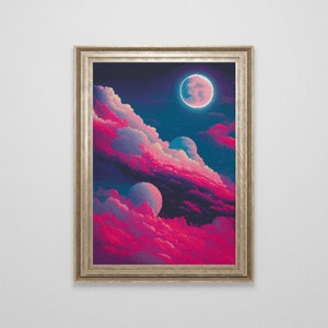 Pu&ograve; includere: Una stampa d'arte digitale incorniciata che presenta un cielo vibrante rosa e blu con una grande luna luminosa e lune bianche pi&ugrave; piccole. Il cielo &egrave; pieno di nuvole soffici.