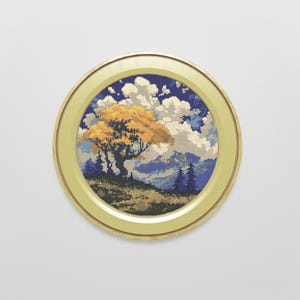 Gelb Baum Berglandschaft Kreuzstichmuster | Landschaft Kreuzstichvorlage | Natur Kreuzstich | Moderner Kreuzstich