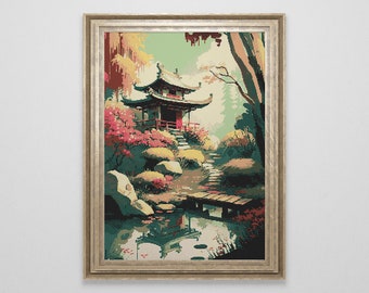 Japanese Garden Cross Stitch Pattern | Japan Landscape Cross Stitch Chart | Asian Landscape Cross Stitch Art | Large Cross Stitch