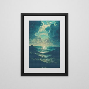 May include: A framed painting depicting a seascape with dark blue and green water and a cloudy sky. The water is calm and reflects the sunlight.