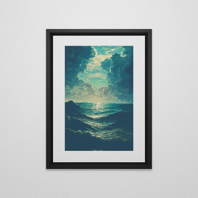 May include: A framed painting depicting a seascape with dark blue and green water and a cloudy sky. The water is calm and reflects the sunlight.