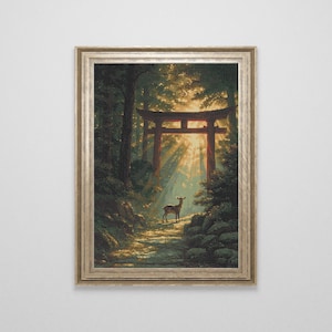 May include: A framed painting of a deer standing in a forest with a red torii gate in the background. The sun is shining through the trees, creating a warm glow.