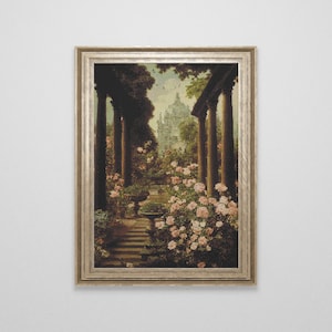 Patrón de punto de cruz de jardín de rosas victoriano / Gráfico de punto de cruz botánico vintage / Arte de punto de cruz de paisaje / Punto de cruz único