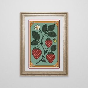 Art Nouveau Strawberries Cross Stitch Pattern | Strawberry Beginner Cross Stitch | Easy Embroidery | Cottagecore Fruit Cross Stitch PDF