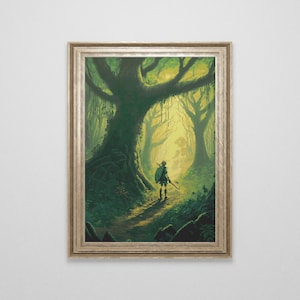 May include: A framed illustration of a person in green armour walking through a forest. The forest is filled with tall trees and lush greenery. The person is walking towards a bright light in the distance.